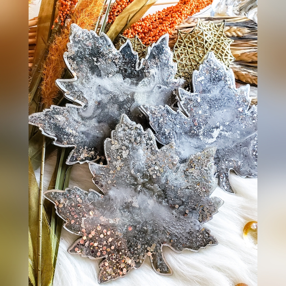Set of 4, Resin Maple Leaves, Coasters, Silver